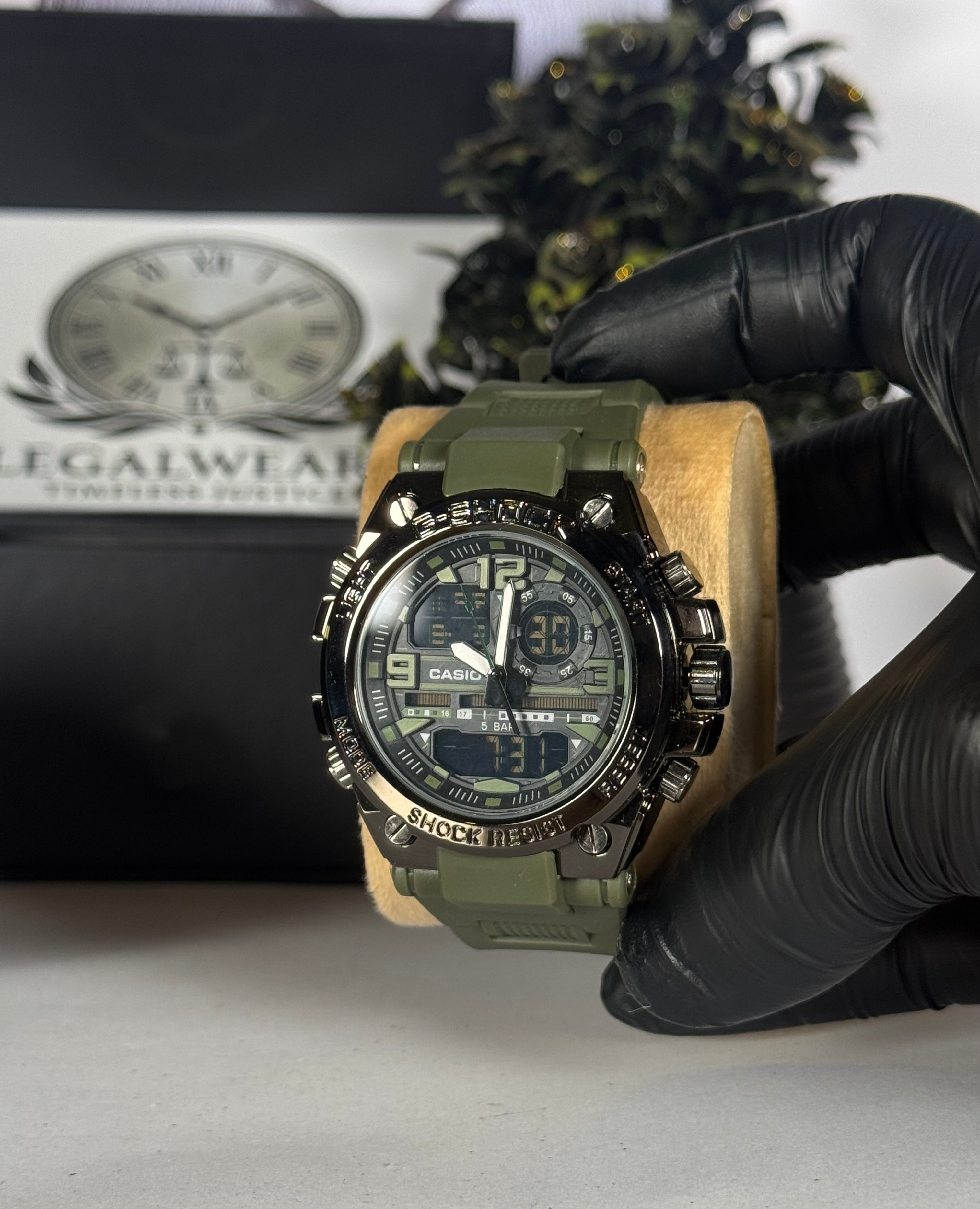 Casi Master Shock-Resistant Green Camouflage Silicon Straps Watch with Digital & Analog Display
